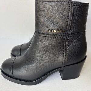 CHANEL Black Leather Ankle Booties 36.5